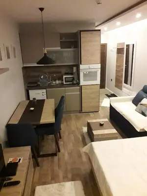 a kitchen and living room with a table and a couch at Apartman Lux Premier 09 Kopaonik in Kopaonik