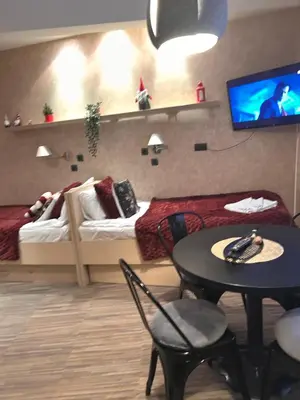 a room with a bed and a table and a tv at Tri-M Konaci in Kopaonik