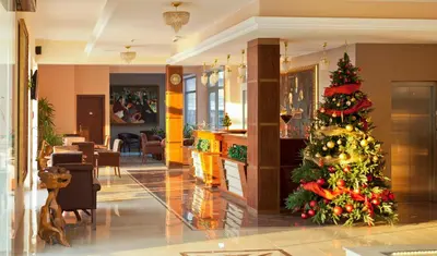 a christmas tree in the lobby of a hotel at Hill Wellness & Spa in Jagodina
