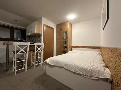 a small bedroom with a bed and a kitchen at Apartments Konaci Kopaonik in Kopaonik