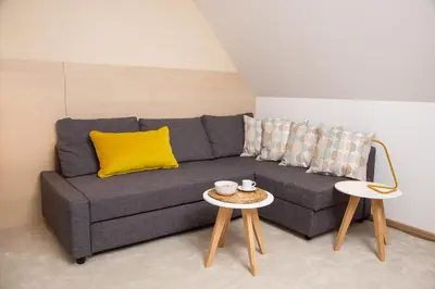 a living room with a couch and a table at Neva Apartment Angella Konaci in Kopaonik
