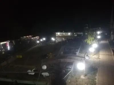 a night view of a train station with lights at Etno selo Vile Jefimija, selo Preobrazenje, Vranje in Vranje