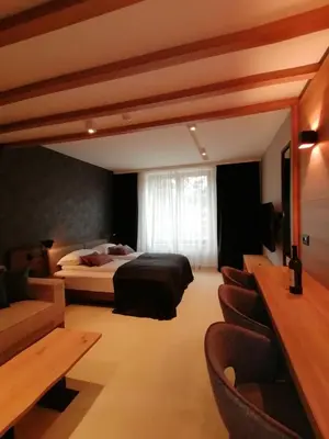 a hotel room with a bed and a couch at Kopaonik011 Konaci&WoodSide Apartments in Kopaonik