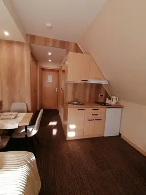 a small kitchen with a table and a dining room at Kopaonik011 Konaci&WoodSide Apartments in Kopaonik