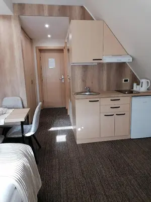 a kitchen with a sink and a table in a room at Kopaonik011 Konaci&WoodSide Apartments in Kopaonik