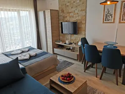 a living room with a bed and a table with chairs at Ski&Spa Milmari L17 in Kopaonik