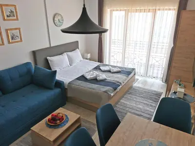 a living room with a bed and a blue couch at Ski&Spa Milmari L17 in Kopaonik