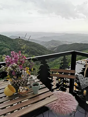 a wooden bench sitting on a balcony with flowers at Apartmani TIM & SPA CENTAR in Kopaonik