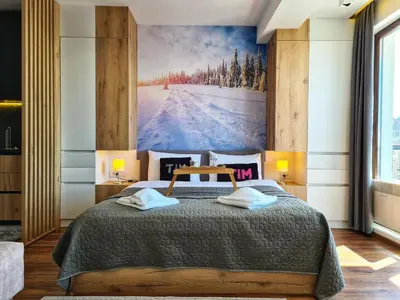 a bedroom with a bed with a painting on the wall at Apartmani TIM & SPA CENTAR in Kopaonik