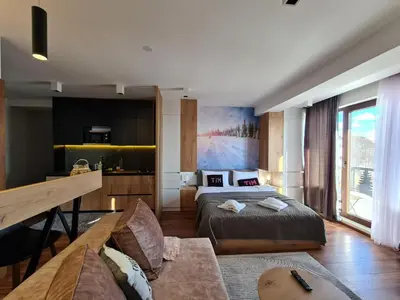 a hotel room with two beds and a couch at Apartmani TIM & SPA CENTAR in Kopaonik