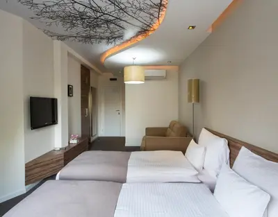 a hotel room with two beds and a couch at Hotel Sole in Niš