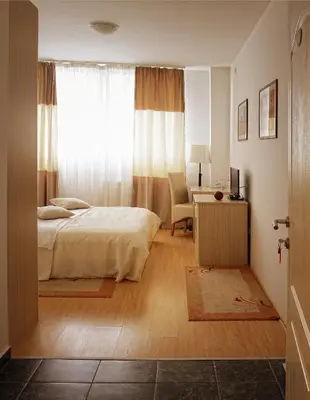a bedroom with a bed and a desk and a window at Garni Hotel Hamburg in Zaječar