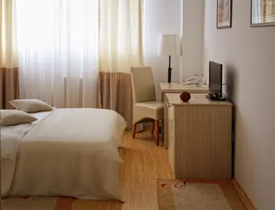 a bedroom with a bed and a desk with a television at Garni Hotel Hamburg in Zaječar