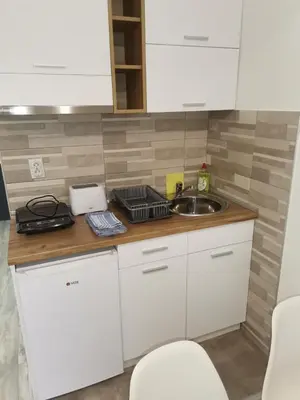 a kitchen with white cabinets and a sink at Vila Vrh in Crni Vrh