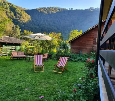 two chairs and an umbrella in a yard at Vila Vrh in Crni Vrh