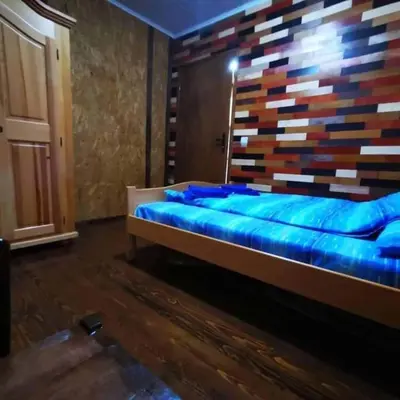 a bedroom with a large bed with a wooden headboard at Vila Treska 98 in Kopaonik