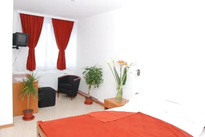 a bedroom with a bed and red curtains and plants at M Garni Hotel in Vranje