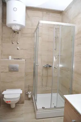 a bathroom with a shower with a toilet and a sink at Apartman Nena b15 in Kopaonik