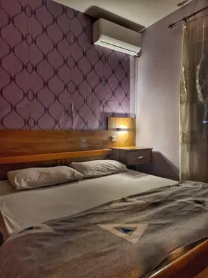 a bedroom with a bed with a purple wall at Evropa in Gračanica