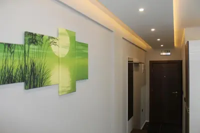 a hallway with three paintings on the wall at As Lux Apartmani Kopaonik in Kopaonik