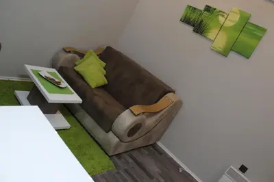 a living room with a couch on the wall at As Lux Apartmani Kopaonik in Kopaonik