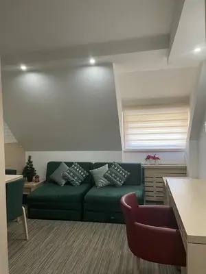 a living room with a green couch and a window at Apartmani Air in Kopaonik