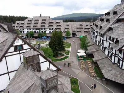 an aerial view of a city with buildings at Apartmani Air in Kopaonik