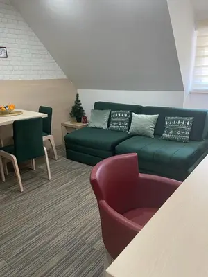 a living room with a green couch and a table at Apartmani Air in Kopaonik