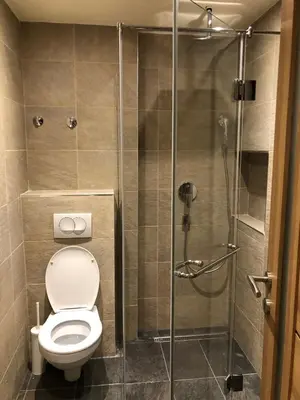 a bathroom with a toilet and a shower at Apartment East in Kopaonik