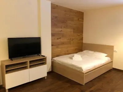a bedroom with a bed and a flat screen tv at Apartment East in Kopaonik