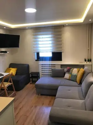 a living room with a couch and a tv at YelaYeti Apartments in Kopaonik