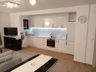 a kitchen with white cabinets and a black refrigerator at Kallas lux apartman in Kopaonik