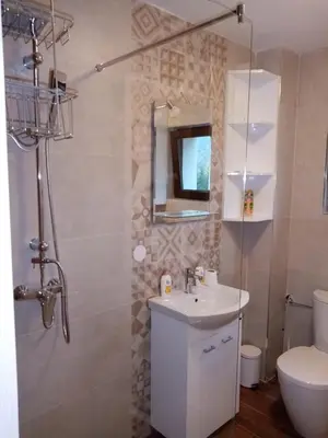 a bathroom with a shower and a sink and a toilet at Kallas lux apartman in Kopaonik