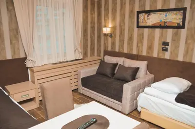 a living room with a couch and a bed at Apartman Mitra Angella Konaci in Kopaonik