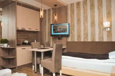 a room with a bed and a table and a kitchen at Apartman Mitra Angella Konaci in Kopaonik