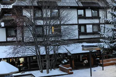 a snow covered building with a tree in front of it at Apartman Mitra Angella Konaci in Kopaonik