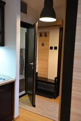 a hallway with a door open to a room with a dog at Višnja apartment in Kopaonik