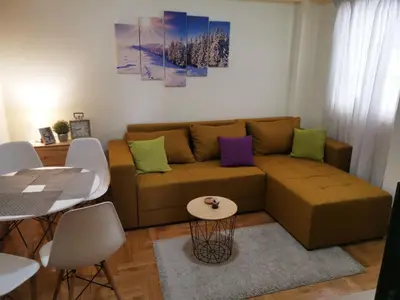 a living room with a couch and a table at GOski Apartman Brzeće Kopaonik in Brzeće
