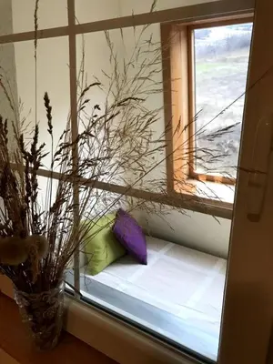 a window seat with a pillow and a vase with a plant at GOski Apartman Brzeće Kopaonik in Brzeće