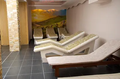 a row of chairs in a waiting room with a painting at Milmari Resort, Apartman Premier 27 in Kopaonik