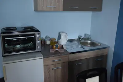 a small kitchen with a sink and a microwave at Blue House Apartment in Niš