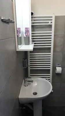 a bathroom with a white sink and a mirror at Smestaj Pandora Sobe sa kupatilom in Jagodina