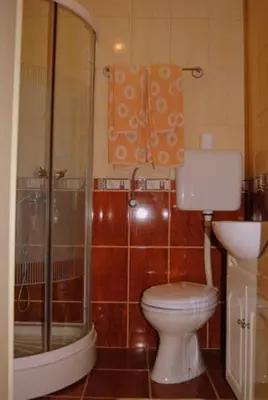 a bathroom with a toilet and a glass shower at Vila Paradi in Vrnjačka Banja