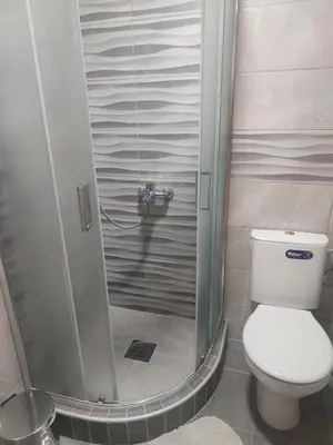 a bathroom with a shower and a white toilet at Apartman Harmonija Vrnjačka Banja in Vrnjačka Banja