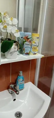 a bathroom sink with a shelf with toiletries on it at Apartman Harmonija Vrnjačka Banja in Vrnjačka Banja