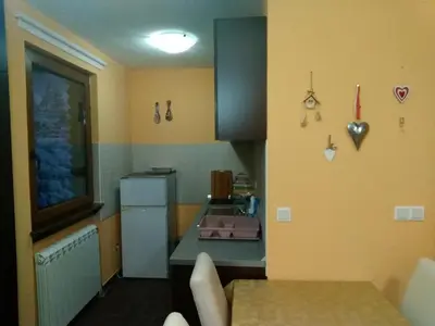 a kitchen with a table and a counter top at Apartman Vila Natasa in Kopaonik