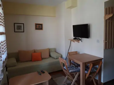 a living room with a couch and a table at Apartmani Nebrigic in Brzeće