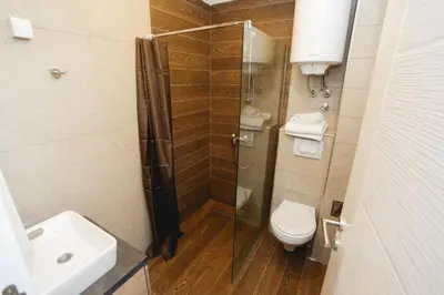 a bathroom with a shower and a toilet and a sink at Kopaonik Apartman Squadra in Kopaonik