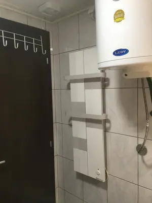 a bathroom with a black door and a white appliance at Apartment Ramonda in Kopaonik