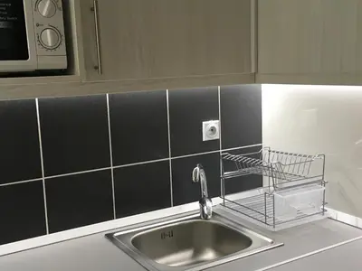 a kitchen counter with a sink and a microwave at Apartment Ramonda in Kopaonik